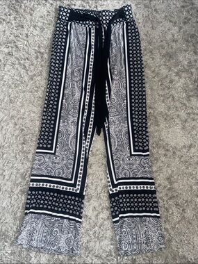 INC International Concepts Black and White Printed Wide-Leg Drawstring Pants